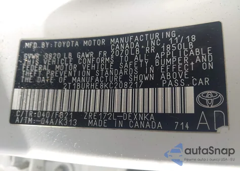 2019 Toyota Corolla Le z USA, uszkodzony, nr VIN 2T1BURHE8KC208217